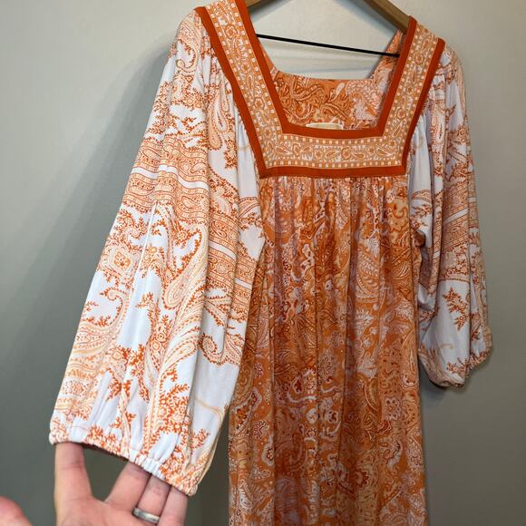 Michael Kors Women's Square Neck Border Shift Midi Dress Orange Size Medium - Picture 3 of 6